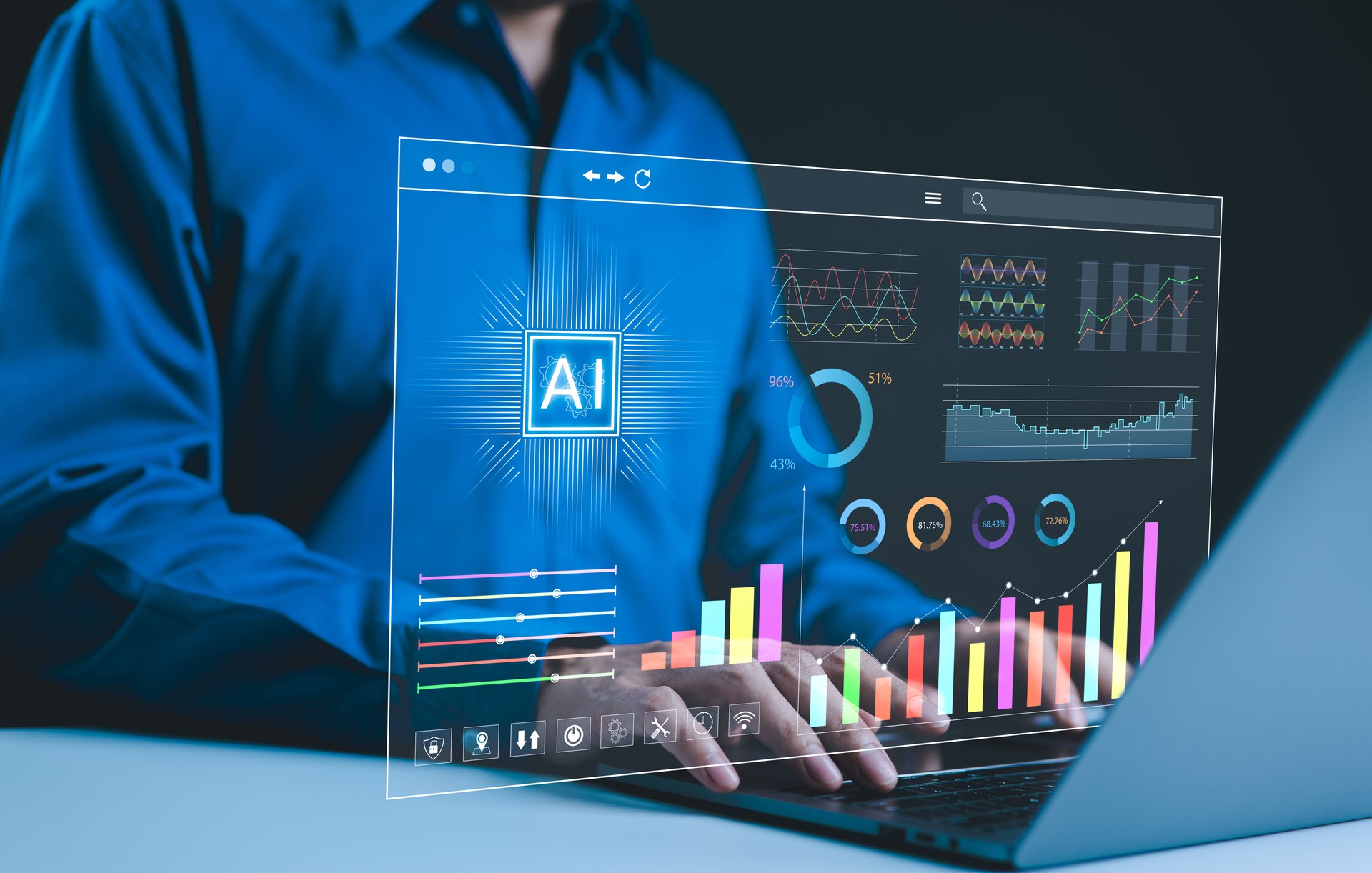 Analysis of enterprise data. Businessman use AI technology to analyze KPI data on futuristic digital interfaces. Screen displays graphs, dashboard charts, and performance metrics. Analyst marketing,